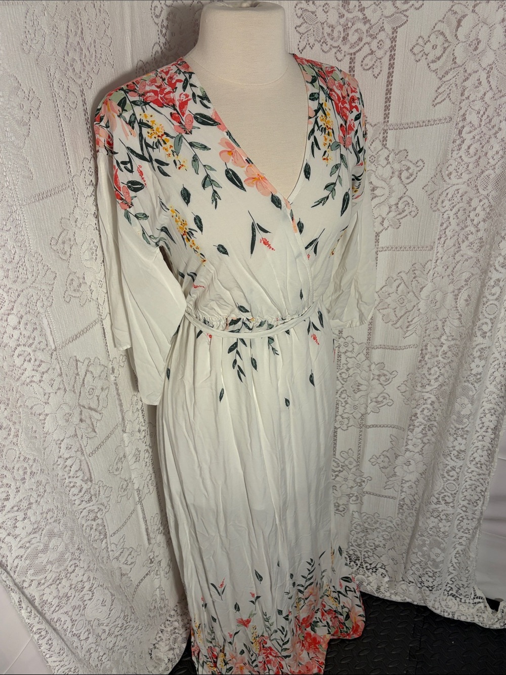 Love Riche White Floral Wrap Maxi Dress with Coral and Green Accents
